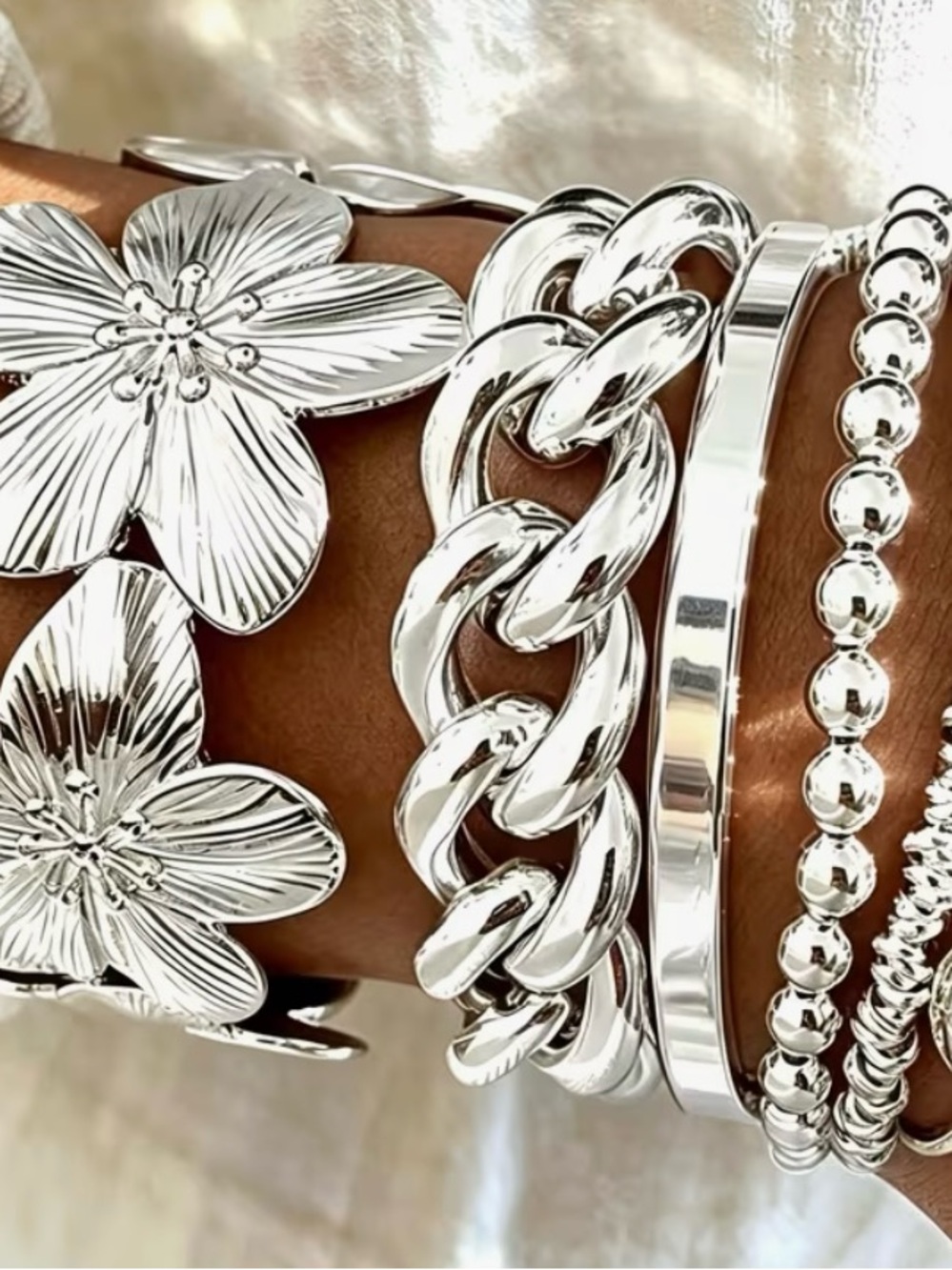 🩶 NEW 5 Bracelet Silver Flower Statement Bracelet Stack 🩶 - Picture 6 of 11